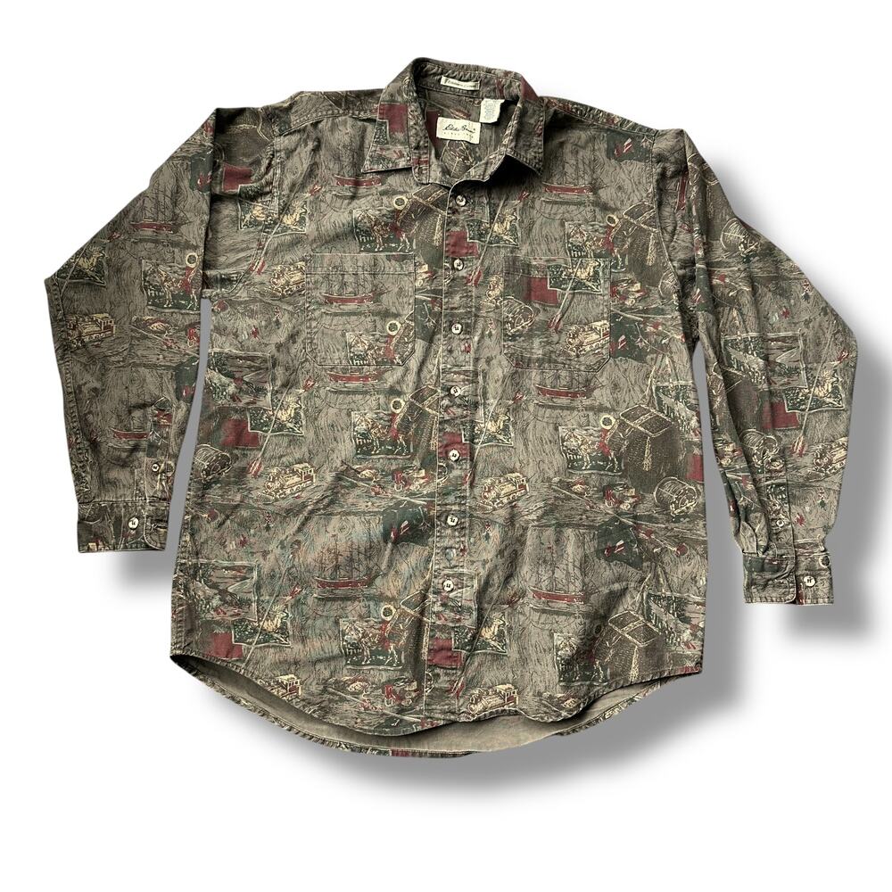 Vintage 90s Eddie Bauer Elkborn Canvas Shirt Camo Outdoor Workwear XL T